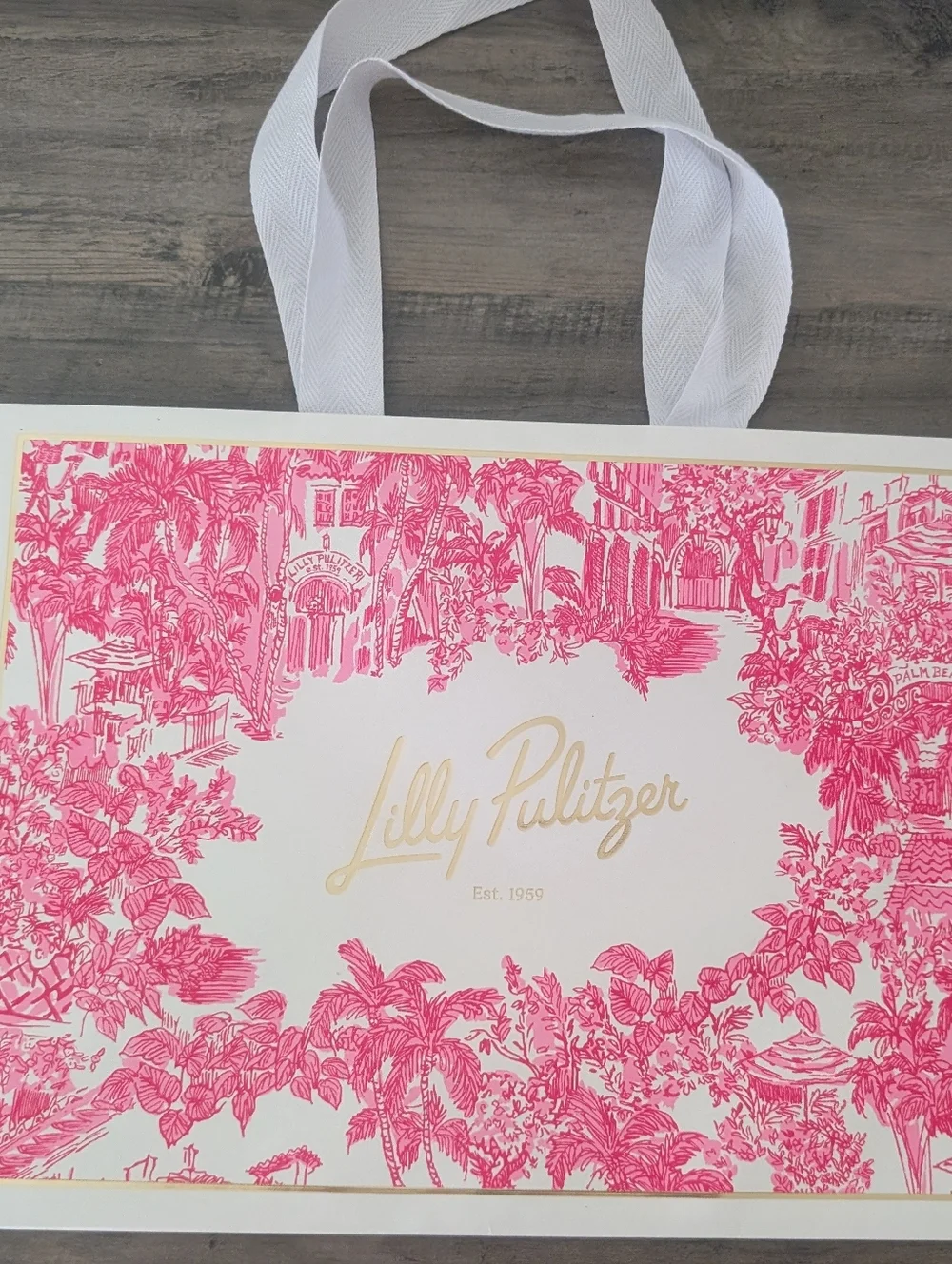 NEW LILLY PULITZER WOMENS PALM BEACH PINK WHITE CARDSTOCK  TOTE SHOPPING BAG